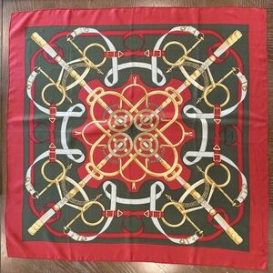 Authentic Hermes Red and Gold Equestrian Print Silk Scarf